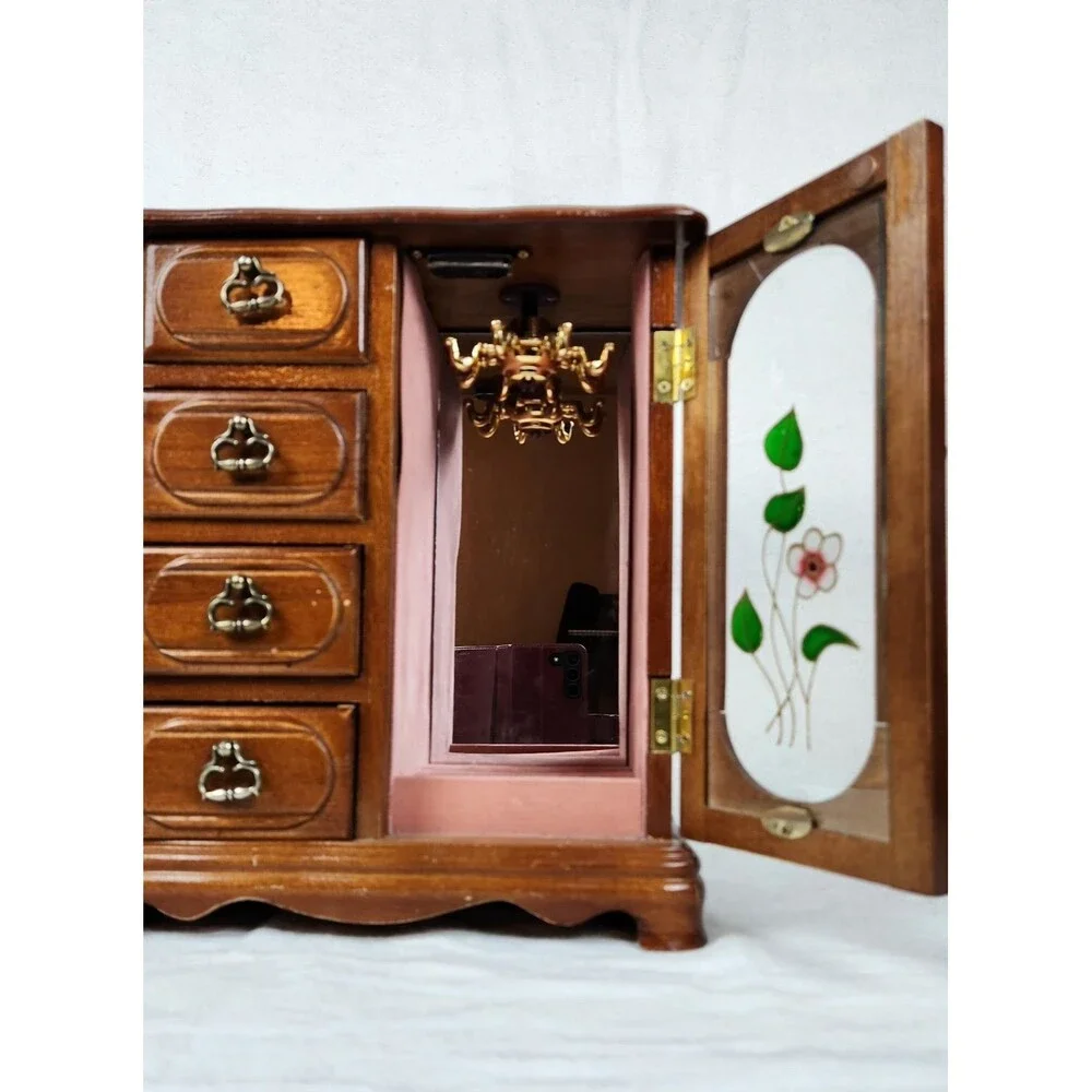 Vintage Taiwan Wooden Jewelry Box Floral Glass Door 4 Drawer Armoire 1970’s